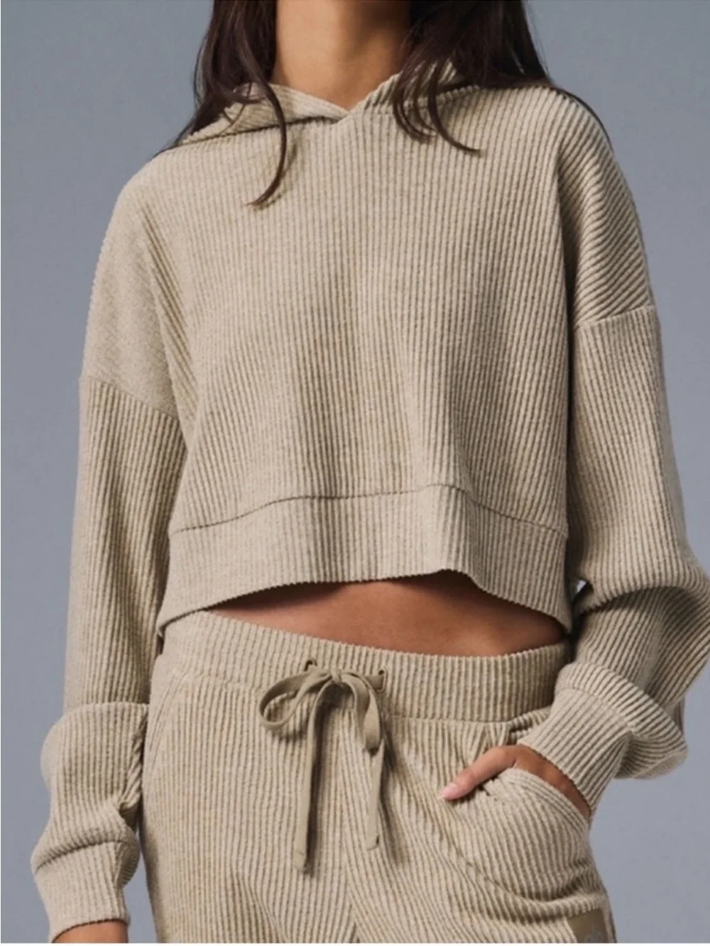 Alo Yoga Muse Hoodie Gravel Heather Cropped Sz M 8-10 W3438R